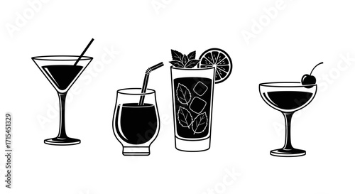 Icon Set Vector of Monochrome Cocktail Drinks and Bar Beverages for Menu Design