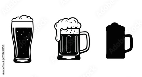 Black and White Beer Mug and Glass Vector Icon Set for Pub and Brewery Branding