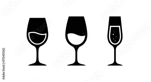 Minimalist Wine and Champagne Glass Vector Icon Set in Black Silhouette Style