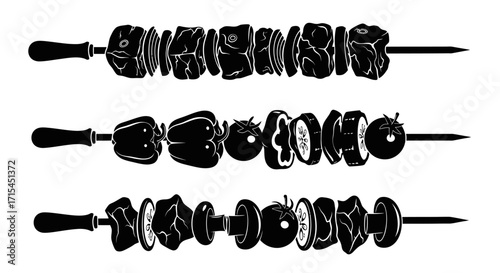 Barbecue Kebab Skewer Vector Illustration Set with Meat and Vegetable Silhouettes for Grill Menu