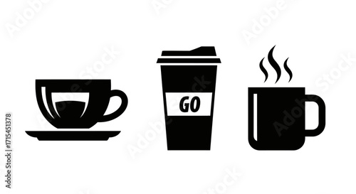 Minimalist Coffee Vector Icon Set with Teacup To Go Cup and Steaming Mug