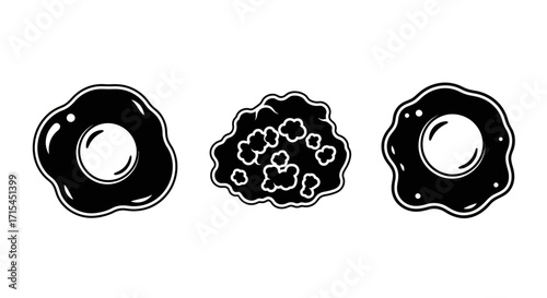 Icon Set Vector with Stylized Fried and Scrambled Eggs in a Black and White Glyph Style for Breakfast Menu Design