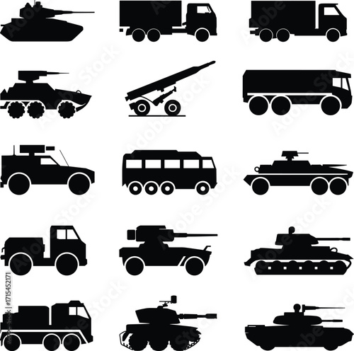 Military vehicles silhouette set, tank, truck, armored car, war machine icons, artillery, combat transport, defense equipment, army logistics