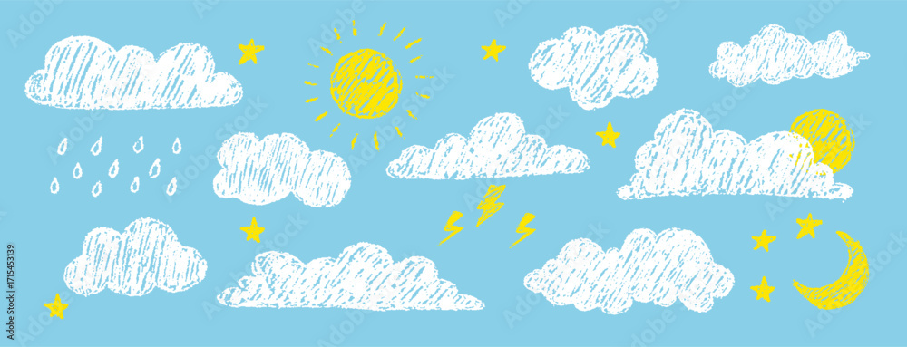 Fototapeta premium Cloud pastel pencil. Cute sky elements drawn by colored crayon. Childish texture. Hand drawn vector stock kid crayon illustration.