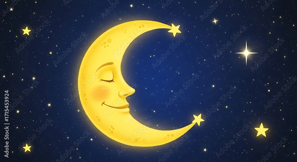 Naklejka premium Smiling Crescent Moon and Stars in a Peaceful Night Sky.