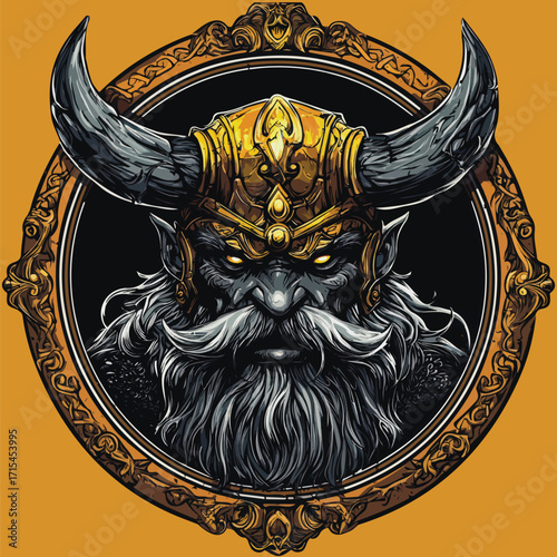  Blue Horned Viking Warrior Head in Frame | Nordic Mythology Vector Art