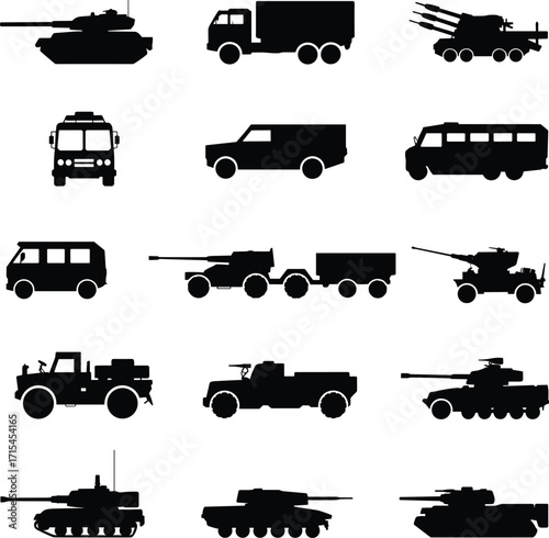 Silhouettes of army vehicles, battle tanks, military trucks, missile launchers, combat vans, war equipment, armored transport, defense icons