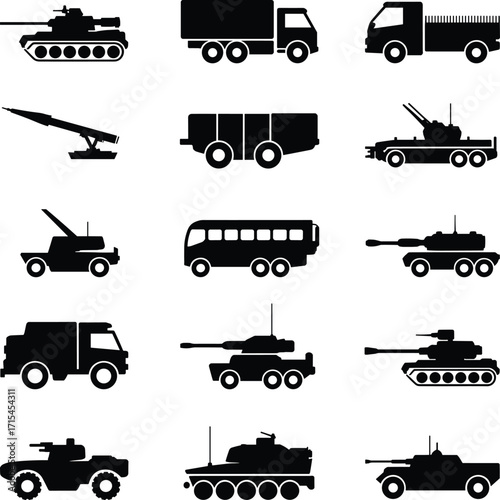 Silhouettes of military vehicles, army tanks, transport trucks, missile launchers, combat armored cars, defense equipment, war vehicles, army icons