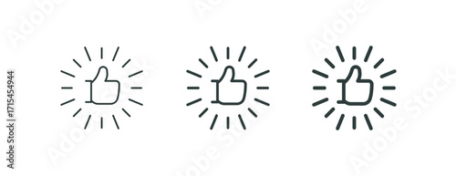 Like hand, thumbs emoji, best choice, customer review outline icons. Line signs hand thumb up with rays. Vector isolated pictograms for web and apps on white background editable stroke.