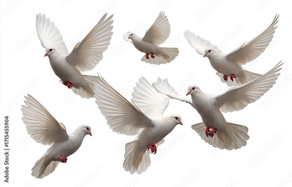 Obraz premium High resolution white doves in unique flying poses isolated on white background, showcasing elegant wings, soft feathers, dynamic movement, and harmonious peaceful composition.