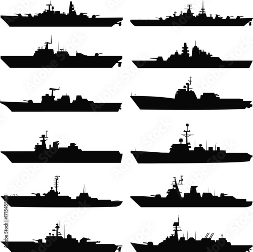Warship silhouettes, naval ships, military vessels, destroyers, battleships, sea defense icons, combat navy ships, marine war fleet illustration, silhouettes