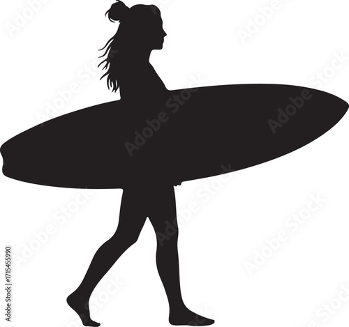 Woman Surfer Silhouette with Surfboard Female Surfing Vector Art