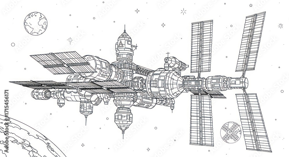 Fototapeta premium Space station outline drawing