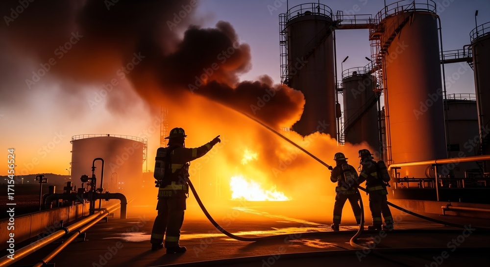 Fototapeta premium Firefighters battling industrial fire at sunset, large storage tanks, dramatic smoke and flames