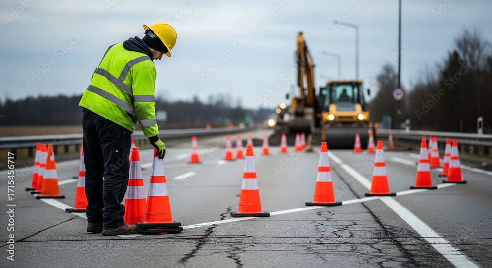 Obraz premium Road Construction Worker Placing Traffic Cones, Highway Maintenance, Safety Precautions