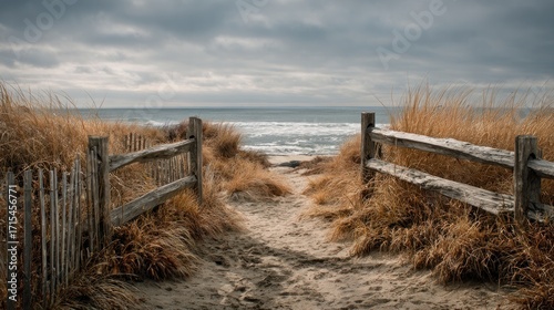 Sandy path leading to the ocean through tall golden beach grass and a weathered wooden fence on a cloudy day at the coast
