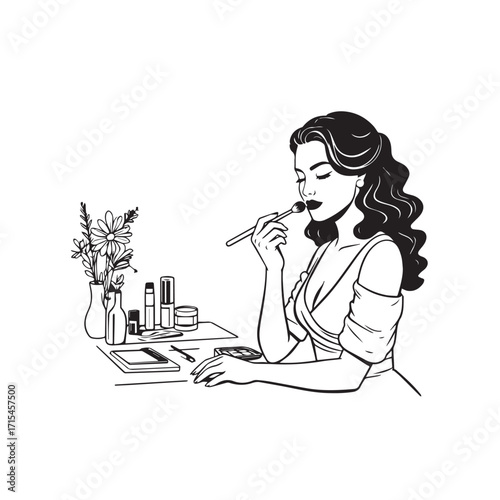 Black and white line art of a beautiful woman doing makeup at dressing table with mirror illustration