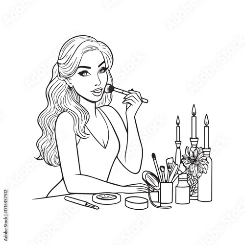 Black and white line art of a beautiful woman doing makeup at dressing table with mirror illustration