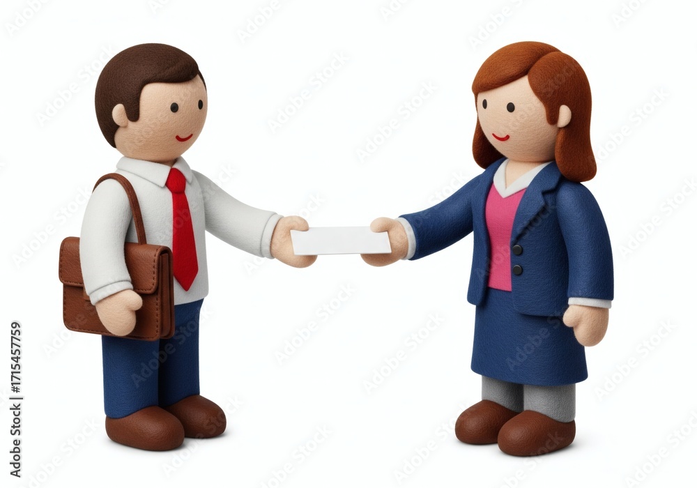 Fototapeta premium Two handmade dolls, a man and a woman, exchanging a business card.