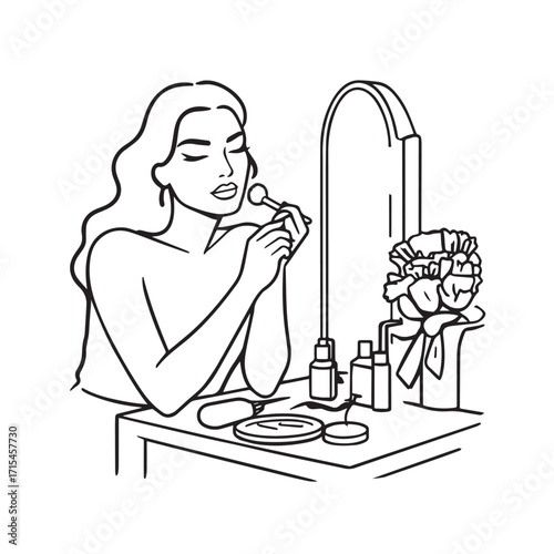 Black and white line art of a beautiful woman doing makeup at dressing table with mirror illustration
