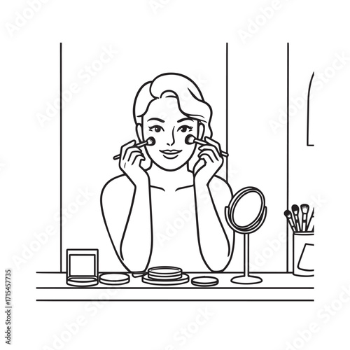 Black and white line art of a beautiful woman doing makeup at dressing table with mirror illustration