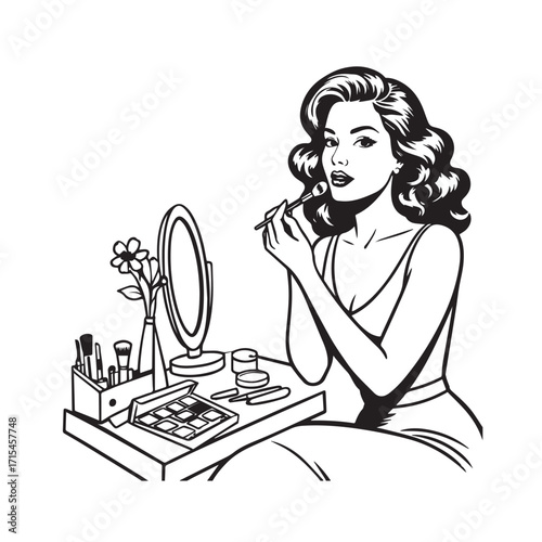 Black and white line art of a beautiful woman doing makeup at dressing table with mirror illustration