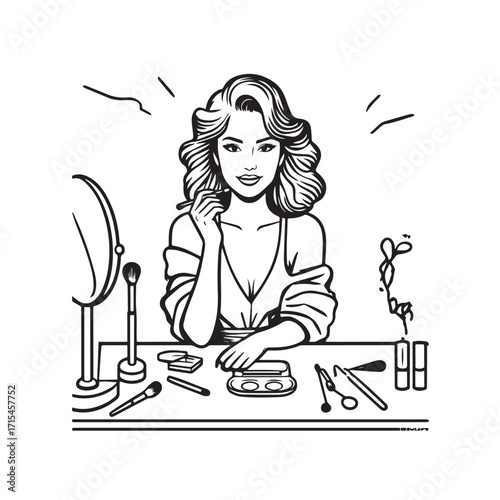 Black and white line art of a beautiful woman doing makeup at dressing table with mirror illustration
