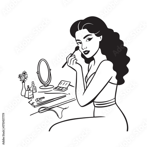 Black and white line art of a beautiful woman doing makeup at dressing table with mirror illustration