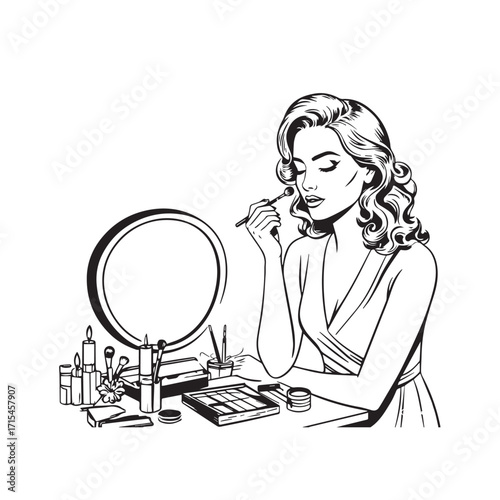 Black and white line art of a beautiful woman doing makeup at dressing table with mirror illustration