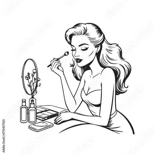 Black and white line art of a beautiful woman doing makeup at dressing table with mirror illustration