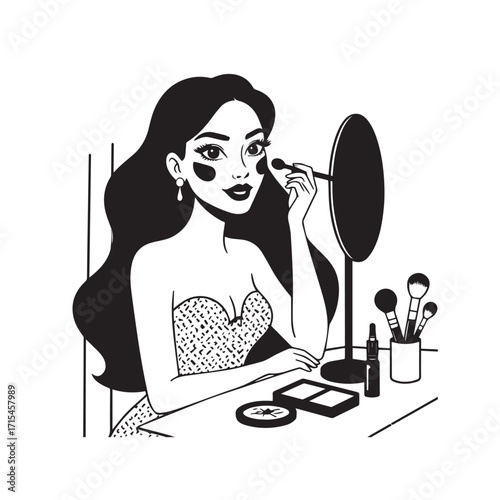 Black and white line art of a beautiful woman doing makeup at dressing table with mirror illustration