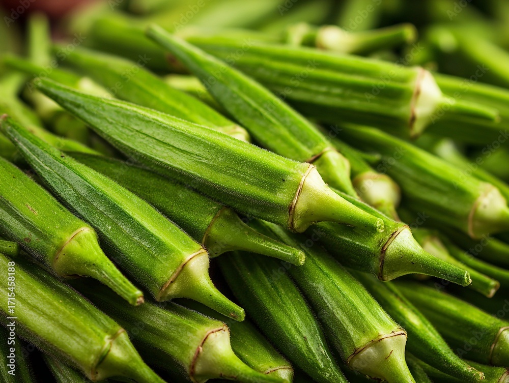 Fototapeta premium Fresh green okra vegetable close up image for healthy eating and recipes ideas
