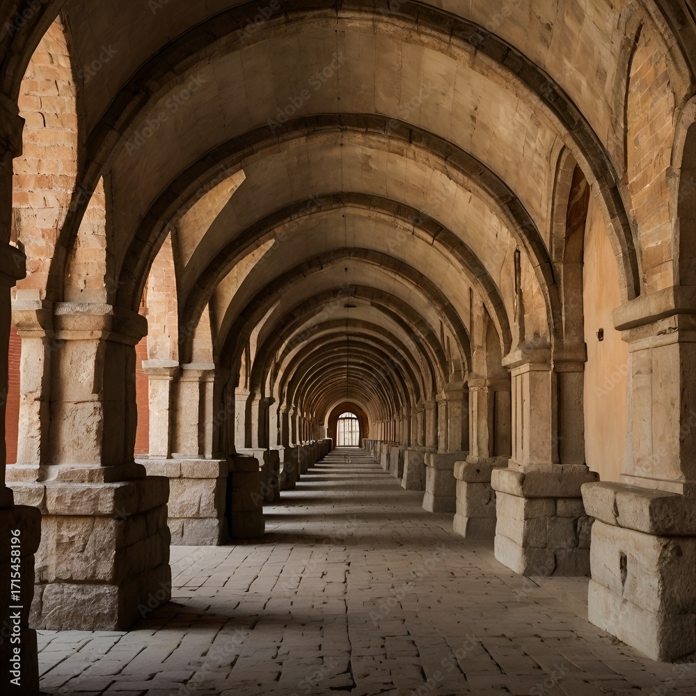 Fototapeta premium Symmetry of arches forming tunnel with central light