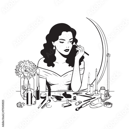 Black and white line art of a beautiful woman doing makeup at dressing table with mirror illustration