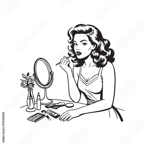 Black and white line art of a beautiful woman doing makeup at dressing table with mirror illustration