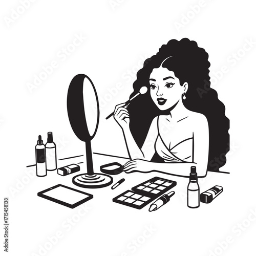Black and white line art of a beautiful woman doing makeup at dressing table with mirror illustration
