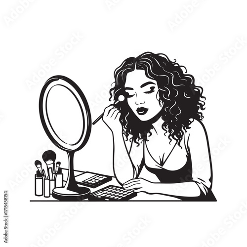 Black and white line art of a beautiful woman doing makeup at dressing table with mirror illustration