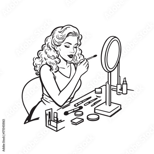 Black and white line art of a beautiful woman doing makeup at dressing table with mirror illustration
