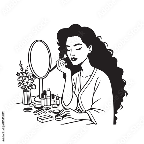 Black and white line art of a beautiful woman doing makeup at dressing table with mirror illustration