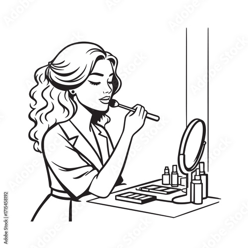 Black and white line art of a beautiful woman doing makeup at dressing table with mirror illustration