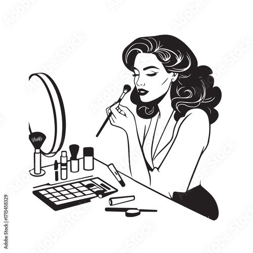 Black and white line art of a beautiful woman doing makeup at dressing table with mirror illustration