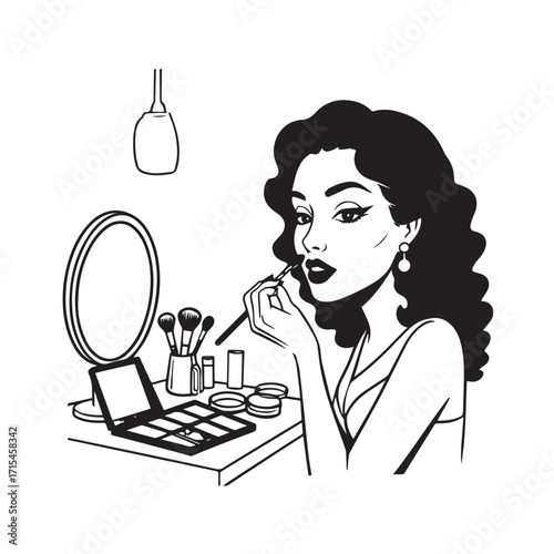 Black and white line art of a beautiful woman doing makeup at dressing table with mirror illustration