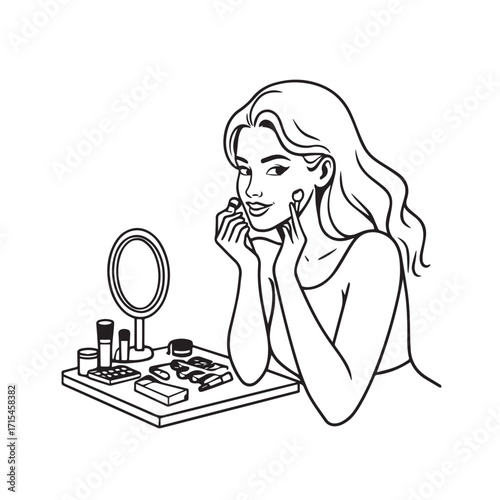 Black and white line art of a beautiful woman doing makeup at dressing table with mirror illustration