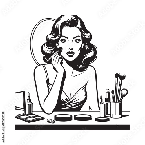 Black and white line art of a beautiful woman doing makeup at dressing table with mirror illustration