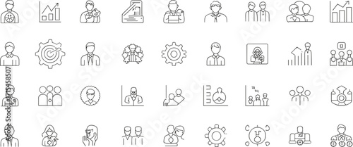 Business management teamwork icons, leadership strategy symbol, corporate growth chart, professional office outline, success communication, productivity organization, project collaboration