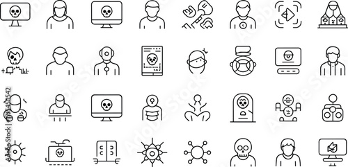 Cyber security hacker outline icons, malware attack, virus infection, phishing scam, data breach, cybercrime, identity theft, hacking vector illustration