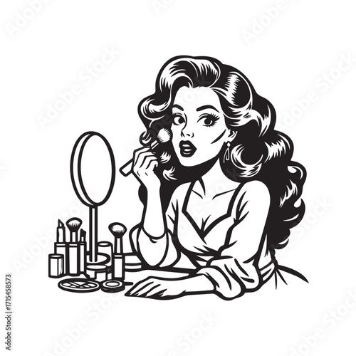 Black and white line art of a beautiful woman doing makeup at dressing table with mirror illustration