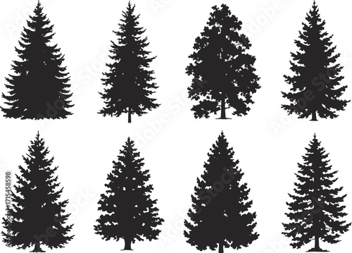 Christmas tree silhouette set, vector pine trees collection, nature illustration, forest design elements, holiday graphic, seasonal decor, evergreen icons, winter theme, flat style, digital art