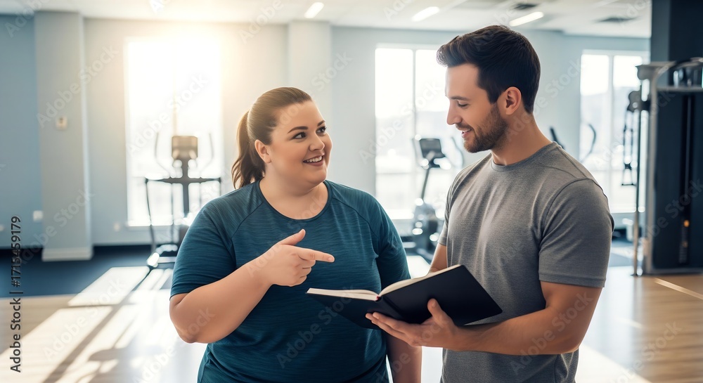 Fototapeta premium Digital Progress: Plus-Size Woman and Trainer Discuss Achievements by Sunlit Tablet Review