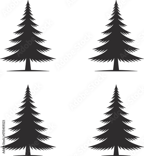 Four pine tree silhouettes, black vector illustration, evergreen icons, forest design elements, Christmas trees, winter nature, minimalist style, holiday graphic, isolated on white background